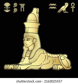 Animation color portrait: Egyptian sphinx body of a lion and the head of a woman. Set of hieroglyphs. Vector illustration isolated on a black background. Imitation of gold.