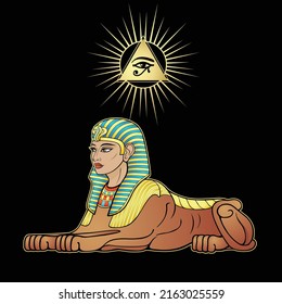 Animation color portrait: Egyptian sphinx body of a lion and the head of a woman. Symbol pyramid, eye of Horus. Vector illustration isolated on a black background. Print, poster, t-shirt, tattoo.
