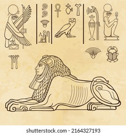 Animation color portrait: Egyptian sphinx body of a lion and the head of a man. Set of hieroglyphs. Vector illustration.  Background - old paper.