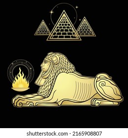 Animation color portrait: Egyptian sphinx body of a lion and the head of a man. Ritual fire, ancient pyramids. Vector illustration isolated on a black background. Imitation of gold.