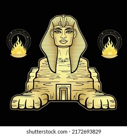 Animation color portrait: Egyptian sphinx body of a lion and the head of a man. Ritual fire. Vector illustration isolated on a black background. Imitation of gold.