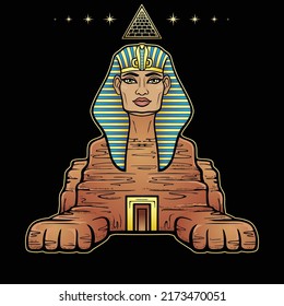 Animation color portrait: Egyptian sphinx body of a lion and the head of a man. Door is inside body.  Vector illustration isolated on a black background. Print, poster, t-shirt, tattoo.