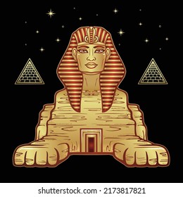 Animation color portrait: Egyptian sphinx body of a lion and the head of a man. Pyramid symbols. Egypt history. Vector illustration isolated on a black background. 