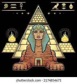 Animation Color Portrait: Egyptian Sphinx Body Of A Lion And The Head Of A Man. Door Is Inside Body. Pyramid Valley, Ritual Fire. Vector Illustration Isolated On A Black Background. 