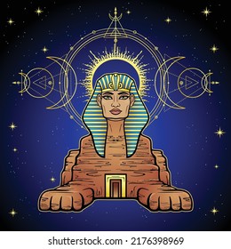 Animation color portrait: Egyptian sphinx body of a lion and the head of a man. Egypt history. Sacred geometry, cosmic energy. Background - starry sky. Vector illustration. 