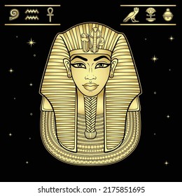 Animation color portrait: King Tutankhamun mask, ancient Egyptian pharaoh. Set of hieroglyphs, stars. Imitation of gold. Vector illustration isolated on a black background.