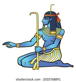 Animation color portrait sitting Egyptian God Hapi. God of fertility, of water, of  Nile River. Vector illustration isolated on a white background. Print, poster, t-shirt, tattoo.