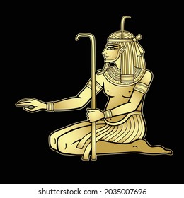 Animation color portrait sitting Egyptian God Hapi. God of fertility, of water, of  Nile River. Vector illustration isolated on a black background. Imitation of gold. Print, poster, t-shirt, tattoo.