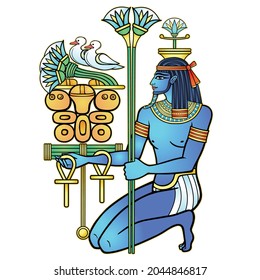 Animation color  portrait: sitting 
 Egyptian God Hapi presents river gifts. God of fertility, of water, of  Nile River. Vector illustration isolated on a white background. Print, poster, t-shirt