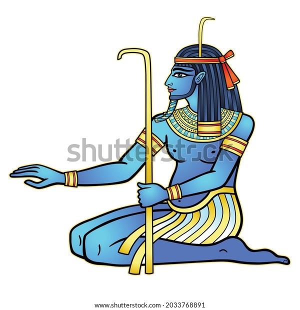 Animation\
color portrait sitting Egyptian God Hapi. God of fertility, of\
water, of  Nile River. Vector illustration isolated on a white\
background. Print, poster, t-shirt,\
tattoo.