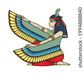 Animation color portrait: sitting goddess of justice Maat. Profile view. Vector illustration isolated on a white background. Print, poster, t-shirt, tattoo.