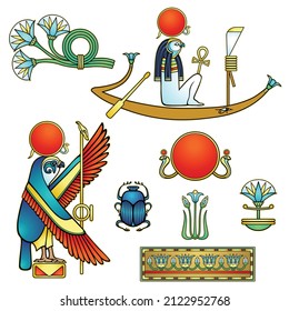 Animation color set of ancient Egyptian symbols. Sacred bird falcon, god Ra sailing in a boat. Pagan totem animals. Vector illustration isolated on a white background. 
