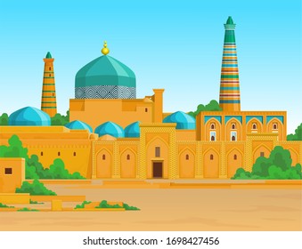 Animation  colorful landscape: Ancient palace, towers, minaret.  Middle Asia. Vector illustration. 