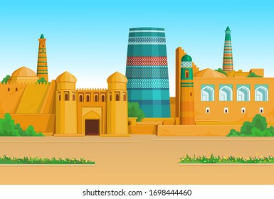 Animation  colorful landscape: Ancient palace, towers, minaret.  Middle Asia. Vector illustration. 