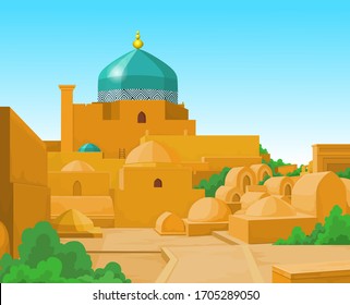 Animation  colorful landscape: Ancient palace, towers, yard.  Middle Asia. Vector illustration. 