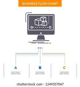 Animation, computer, editor, monitor, software Business Flow Chart Design with 3 Steps. Glyph Icon For Presentation Background Template Place for text.