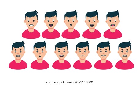 Animation of conversational facial expressions. Different facial expressions of teenager from delight disappointment and fear joyful happiness and anxious vector misunderstanding