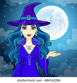 Animation cute witch in a hat on a background of the night sky and the moon. Vector illustration