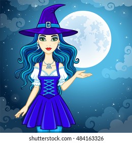 Animation cute witch in a hat on a background of the night sky and the moon. Vector illustration