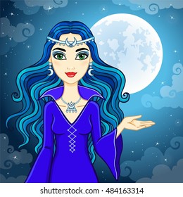 Animation cute witch  on a background of the night sky and the moon. Vector illustration