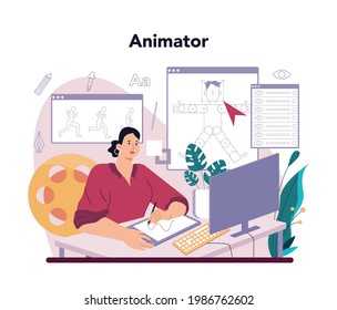 Animation designer. Artist creating digital illustrations for web sites and advertising animation. Creative profession, modern computer technologies. Flat vector illustration