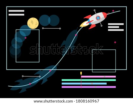 Animation designer vector illustration. Work at new art project. Flat design concept motion graphic, modeling artist job, video effect designer. Vector illustration with flying space rocket