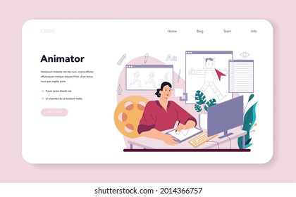 Animation designer web banner or landing page. Artist creating digital illustrations for web sites and advertising animation. Creative profession, modern computer technology. Flat vector illustration
