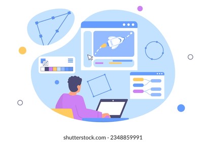 Animation designer at workplace concept. Man with laptop near video editor. Freelancer and remote worker. Young guy creates animation with rocket picture. Cartoon flat vector illustration