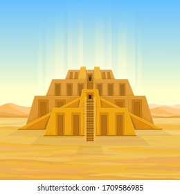 Animation drawing: Ancient Zikkurat in desert, flow of light tends into the sky. Cartoon mystical landscape. Architecture of Babylon, Assyria, Mesopotamia. Vector color illustration.