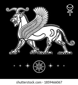 Animation drawing: horned lion with wings, character in Assyrian mythology.  Sumerian symbols. Vector white illustration isolated on a black background. 