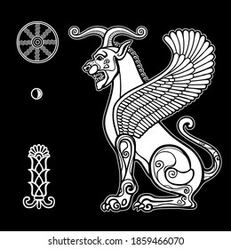 Animation drawing: horned lion with wings, character in Assyrian mythology.  Sumerian symbols. Vector white illustration isolated on a black background. 