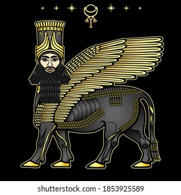 Animation drawing: image of the Assyrian mythical deity Shedu: a winged bull with  head of person. character in Sumerian mythology. Vector illustration isolated on a black background.