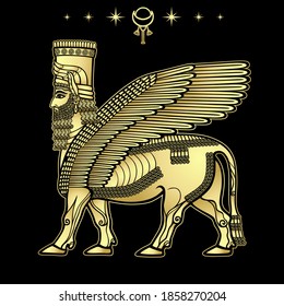 Animation drawing: image of the Assyrian mythical deity Shedu: a winged bull with head of person. character in Sumerian mythology. Vector illustration isolated on a black background. Gold imitation.