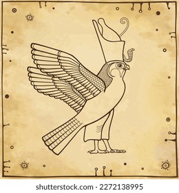 Animation drawing:  sacred Egyptian Falcon bird in crown. God Horus - deity of heaven and sun. View profile. Background - imitation old paper. Vector illustration.