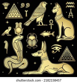 Zeichnen der Animation: Reihe von göttlichen ägyptischen Tieren: Anubis Hund, Bastet Cat, Gorus Vogel, Schlangen Apop.  Nachahmung von Gold. Alte Symbole. Vektorgrafik einzeln auf schwarzem Hintergrund. 