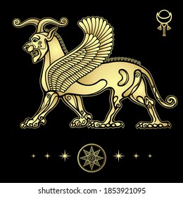 Animation drawing: sphinx horned lion with wings, character in Assyrian mythology.  Sumerian symbols. Vector illustration isolated on a black background. Imitation of gold.
