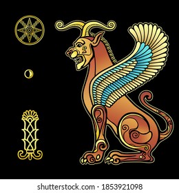 Animation drawing: sphinx horned lion with wings, character in Assyrian mythology.  Sumerian symbols. Vector illustration isolated on a black background.