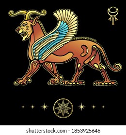 Animation drawing: sphinx horned lion with wings, character in Assyrian mythology.  Sumerian symbols. Vector illustration isolated on a black background.