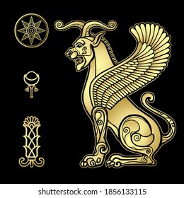 Animation drawing: sphinx horned lion with wings, character in Assyrian mythology.  Sumerian symbols. Imitation of gold. Vector illustration isolated on a black background. 
