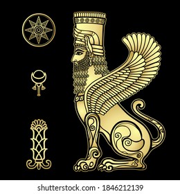 Animation drawing: sphinx man with lion body and wings, a character in Assyrian mythology.  Sumerian symbols.  Imitation of gold. Vector illustration isolated on a black  background.