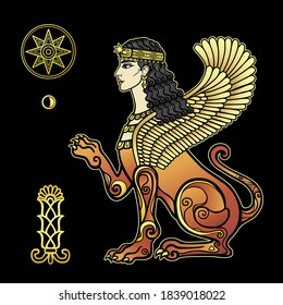 Animation drawing: sphinx woman with lion body and wings, a character in Assyrian mythology. Ishtar, Astarta, Inanna. Ancient symbols: star, moon. Vector illustration isolated on a black background.