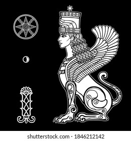 Animation drawing: sphinx woman with lion body and wings, character in Assyrian mythology. Ishtar, Astarta, Inanna. Sumerian symbols. Vector white illustration isolated on a black  background.