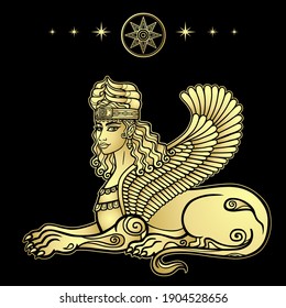 Animation drawing: sphinx woman with lion body and wings, a character in Assyrian mythology. Ishtar, Astarta, Inanna. Sumerian symbols. Vector gold illustration isolated on a black background.