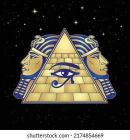 Animation drawing: symbol of  Egyptian pyramid, eye of Horus, profile of the pharaoh.Vector illustration isolated on a black background. Night starry sky.