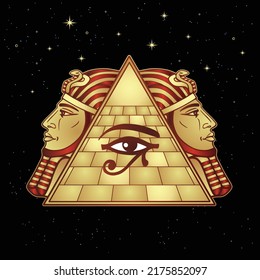 Dibujo de animación: símbolo de la pirámide egipcia, ojo de Horus, perfil del faraón. Ilustración vectorial aislada en un fondo negro. Cielo estrellado de noche.