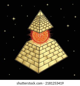 Animation drawing: symbol of  Egyptian pyramid with a separate vertex and burning ball inside.  Egyptian history and mythology. Vector illustration isolated on a black background.