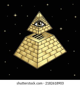 Animation drawing: symbol of Egyptian pyramid with a separate vertex and a staircase inside. All-Seeing Eye. Mystical tomb, entrance to afterlife. Vector illustration isolated on a black background.