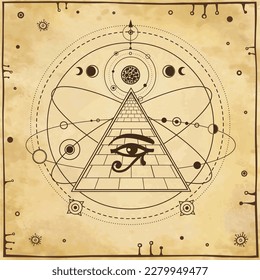 Animation  drawing: symbol of  Egyptian pyramid, eye of Horus, cosmic symbols, orbits of planets. Background - imitation old paper. Vector illustration.