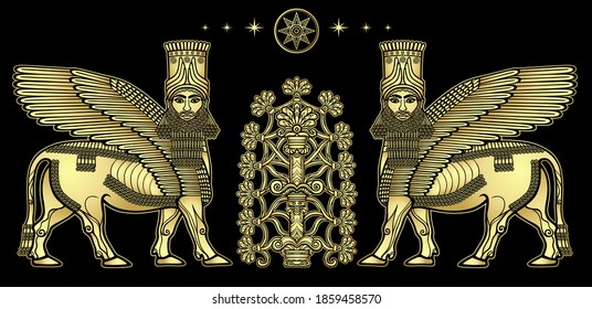 Animation Drawing: Winged Bulls Shedu Guard The Fertility Tree, Star Sirius, Character In Assyrian Mythology. Vector White Illustration Isolated On A Black Background. Imitation Of Gold.