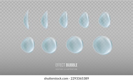 Animation drop of liquid on a transparent background. Sequence of shots of a transparent bubble or gel falling. Vector illustration of bubble elements of different shapes